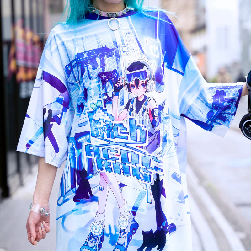 ACDC RAG × Peach ☆ Punch - Cyber Cat Huge T-Shirt - Image 5