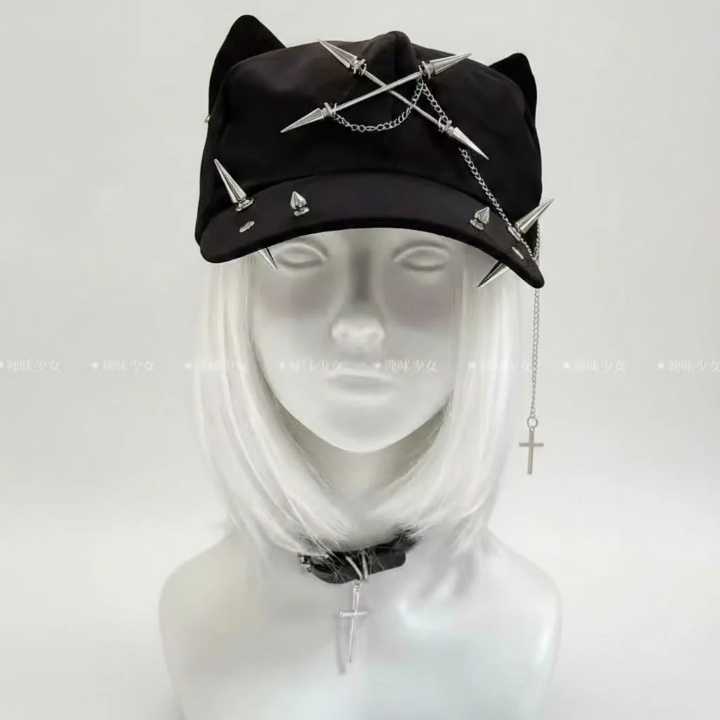 Cross Chain Cap - Black Cat Ear Hat - Image 3