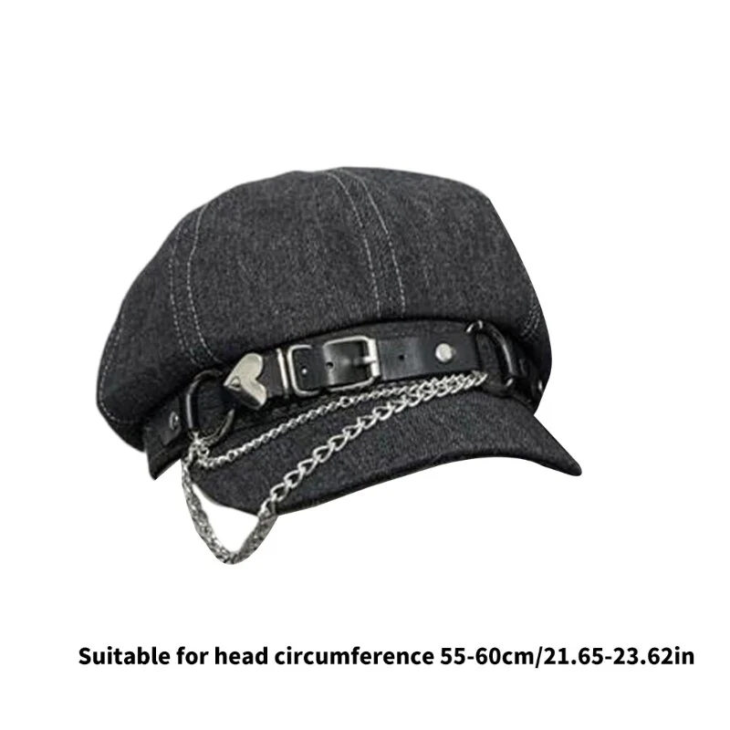 Heart Buckle Chain Denim Beret - Image 3