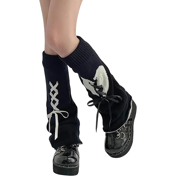Knit Leg Warmers - Black & White - Heart with Ribbons - Image 3
