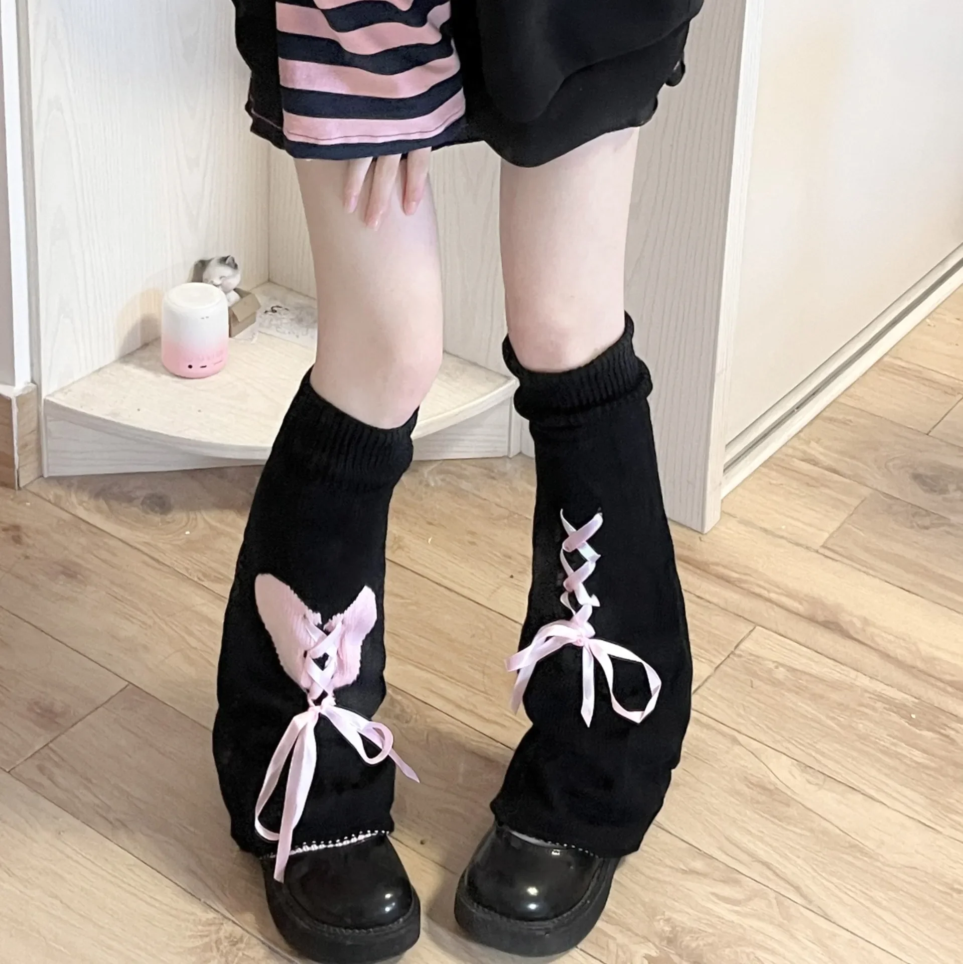 Knit Leg Warmers - Black & Pink - Heart with Ribbons - Image 2