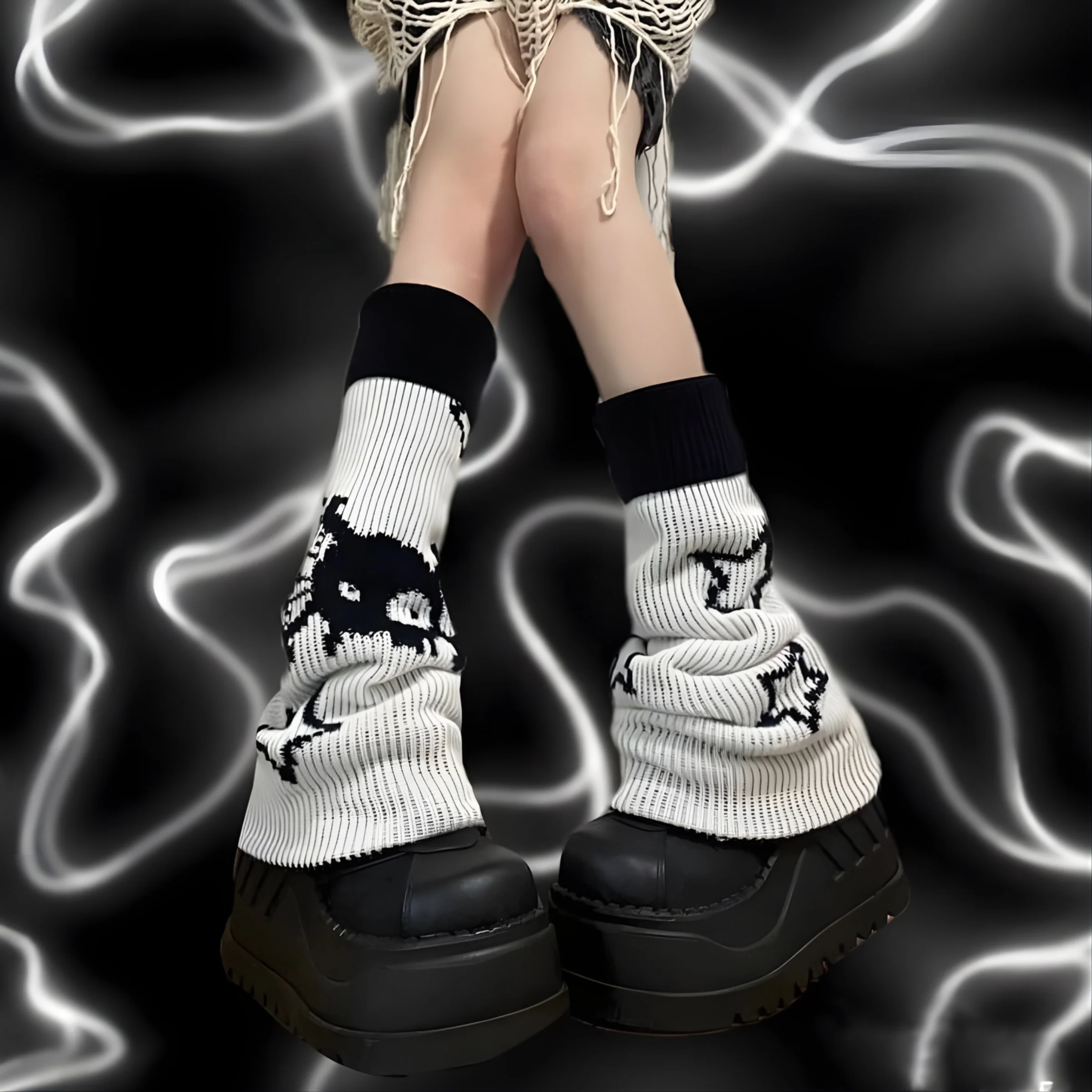 Knit Leg Warmers - Black & White Reversible Gothic Skull Stars - Image 2
