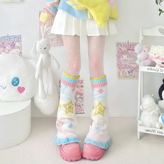 Knit Leg Warmers - Fairy Kei Pastel Rainbow Stars