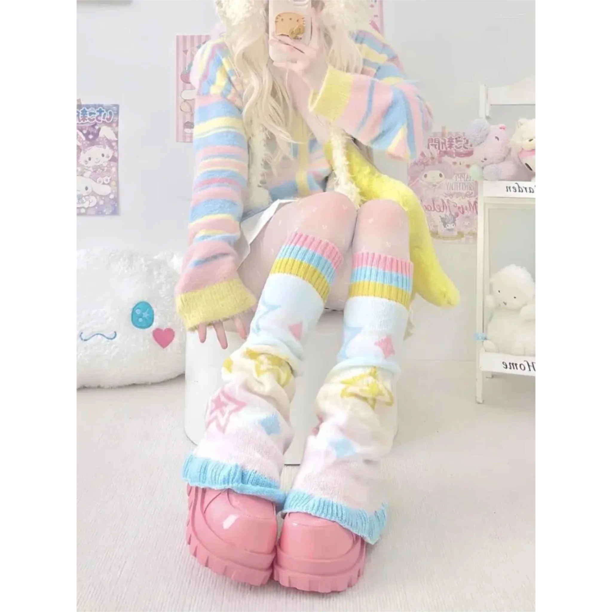 Knit Leg Warmers - Fairy Kei Pastel Rainbow Stars - Image 2