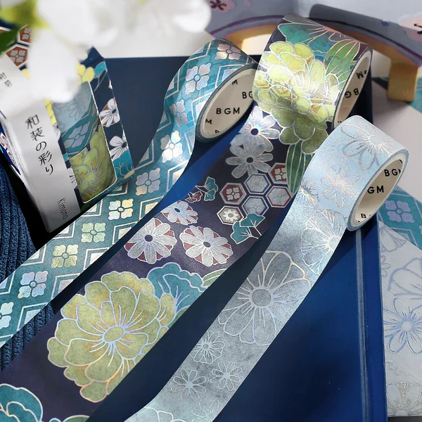 PRE-ORDER MAY! BGM Washi Tape - Japanese Kimono Gold Foil - Azure - Image 4
