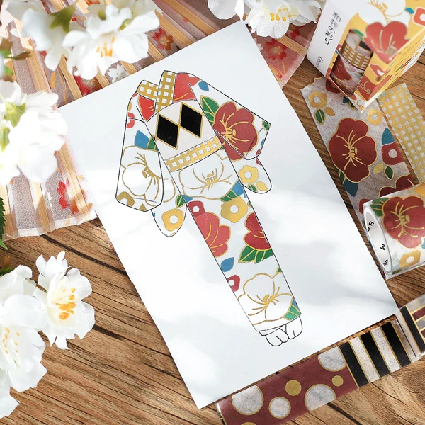PRE-ORDER MAY! BGM Washi Tape - Japanese Kimono Gold Foil - Camellia - Image 3