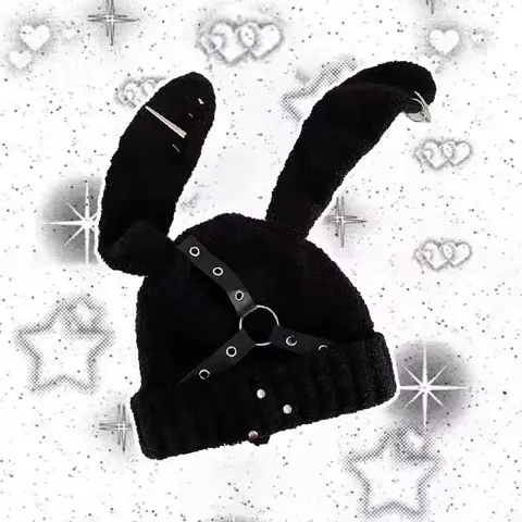 Punk Bunny Ear Beanie - Soft Straps & Chains Knit Hat - Image 2