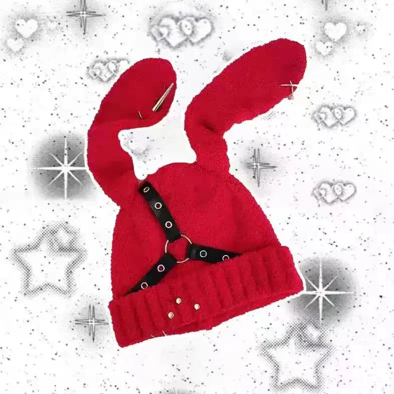Punk Bunny Ear Beanie - Soft Straps & Chains Knit Hat - Image 3