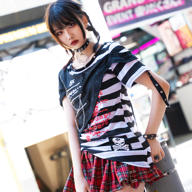 ACDC RAG Punks Border T-Shirt Skull Chains & Street Stripes - Image 12