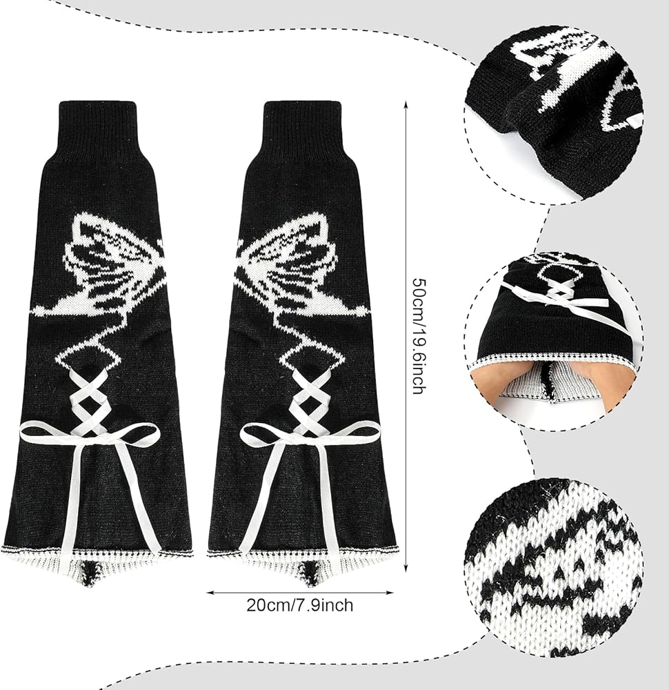 Leg Warmers - Black & White - Ribbons & Butterfly - Image 2