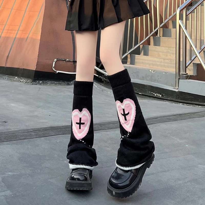 Leg Warmers - Black & Pink - Cross & Heart - Image 2