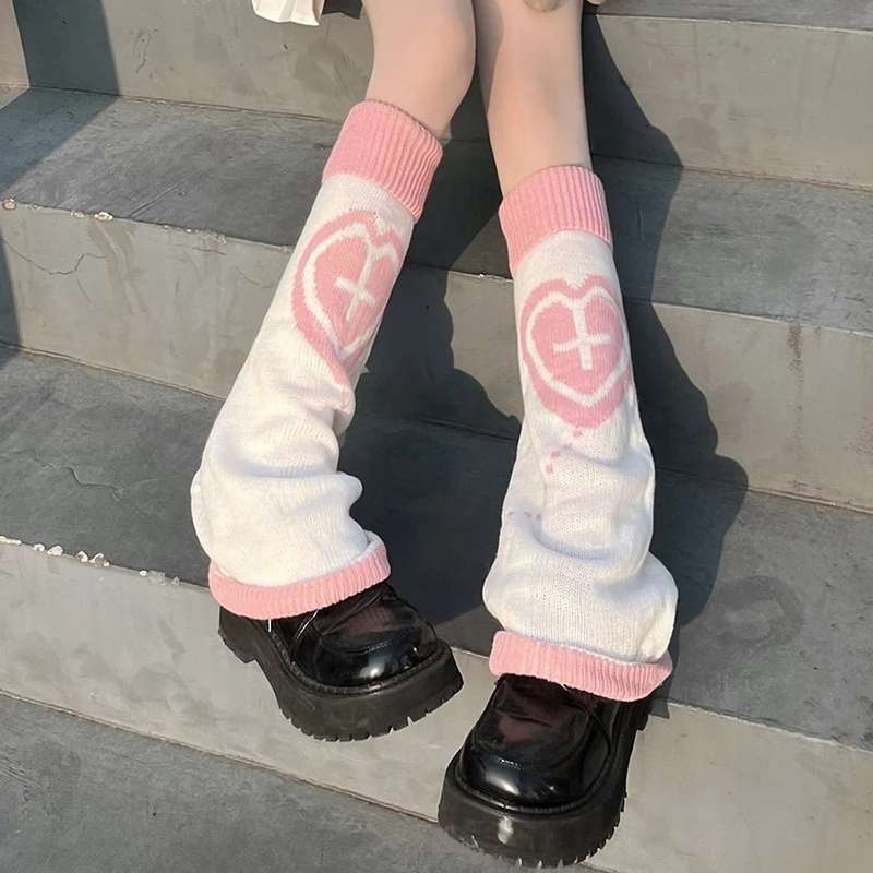 Leg Warmers - White & Pink - Cross & Heart - Image 2