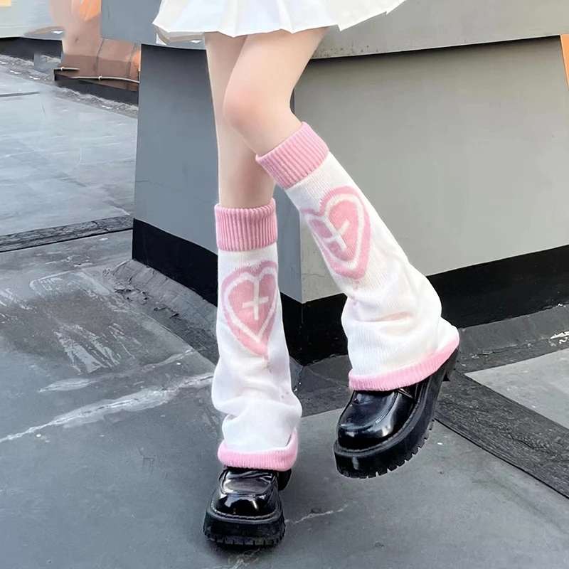 Leg Warmers - White & Pink - Cross & Heart - Image 3