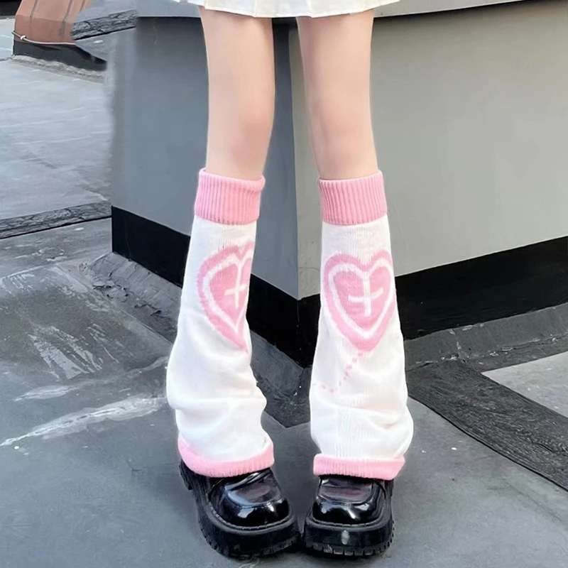 Leg Warmers - White & Pink - Cross & Heart - Image 4